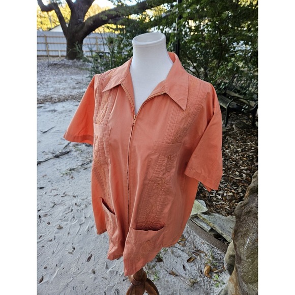 Haband Other - Haband Guayabera Cuban Shirt Zip Up Embroidered Peach Orange Rust‎ Cubavera LG